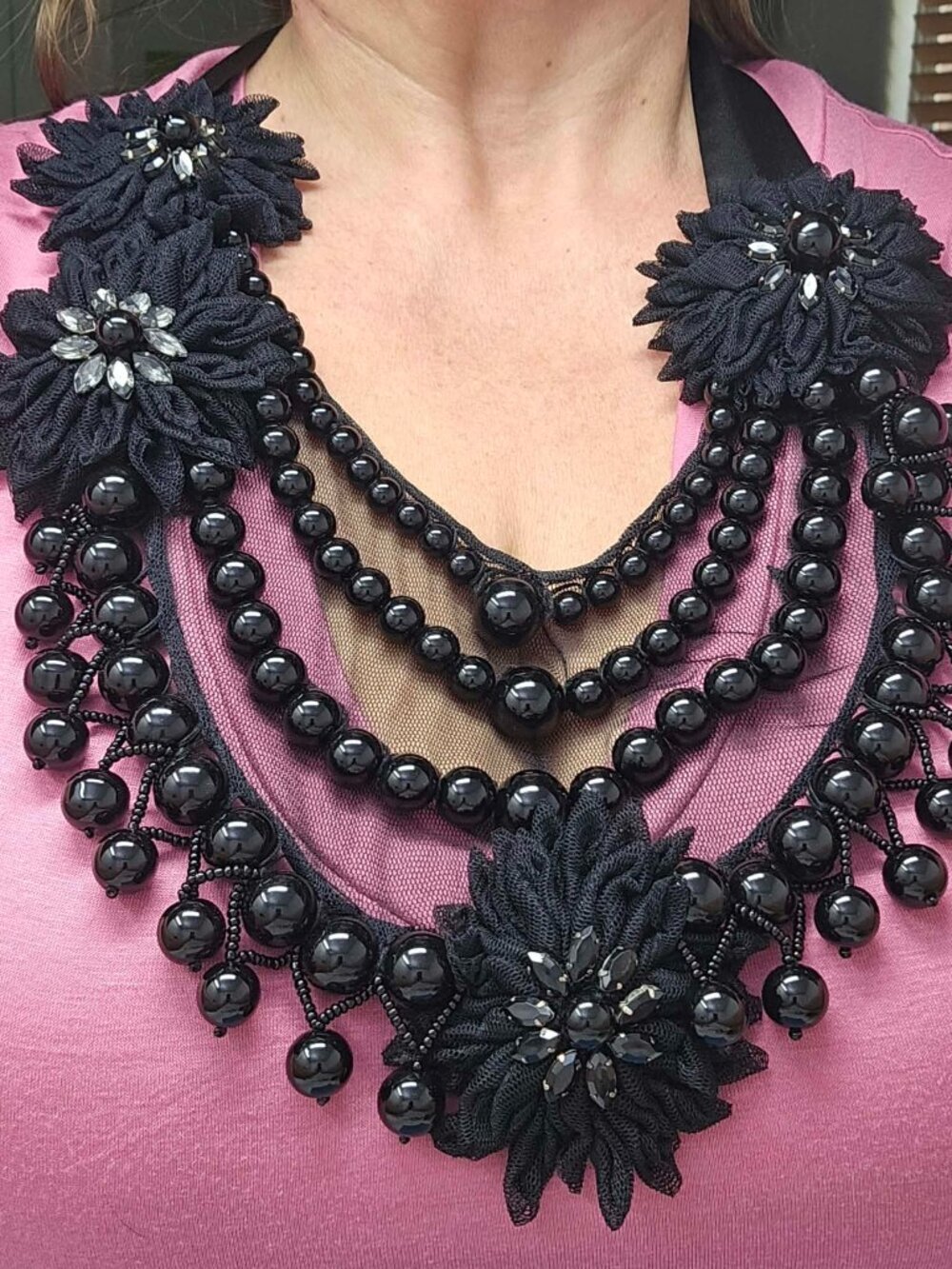 CHICO'S Black Beaded Mesh Floral Bib Statement tie necklace / Belt